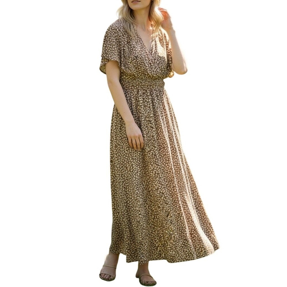 Dress Up Animal Print Maxi‎ Dress Womens Large Brown Pink Smocked Waist V-Neck